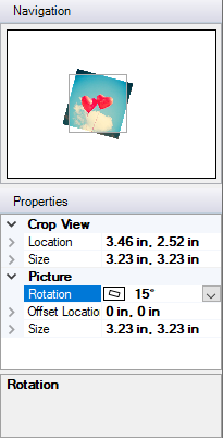 Rotate a picture a specific amount by entering the amount in the the Rotation box.