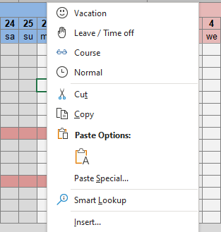 Right-click menu to select the type of absence.