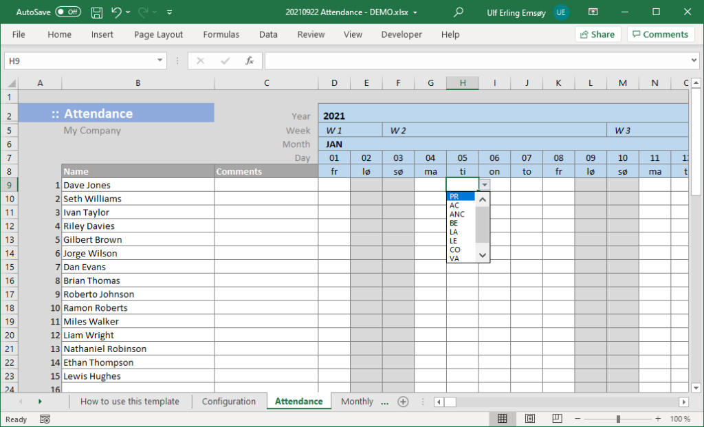 The main attendance form specifying the type of absence