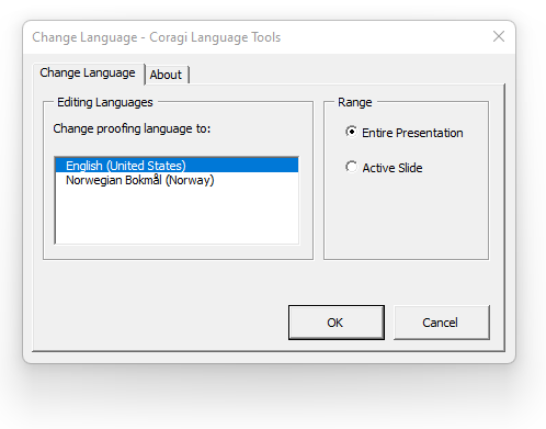 Change Proffing Language dialog with options.