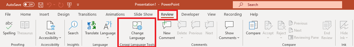 Change Proofing Language button on the Review menu tab.