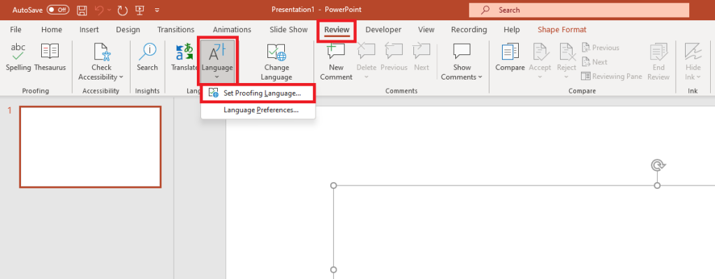 Manually selecting the text shapes and setting the Proofing Language on each slide.