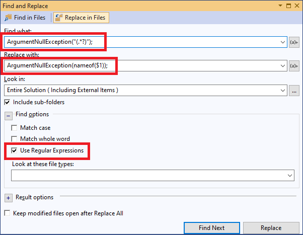 Regular expressions to apply the nameof operator in Visual Studio 2020.