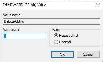 Add the DebugAddins registry key with value equal to 1.