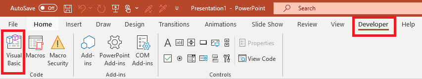Open the Visual Basic editor in PowerPoint.